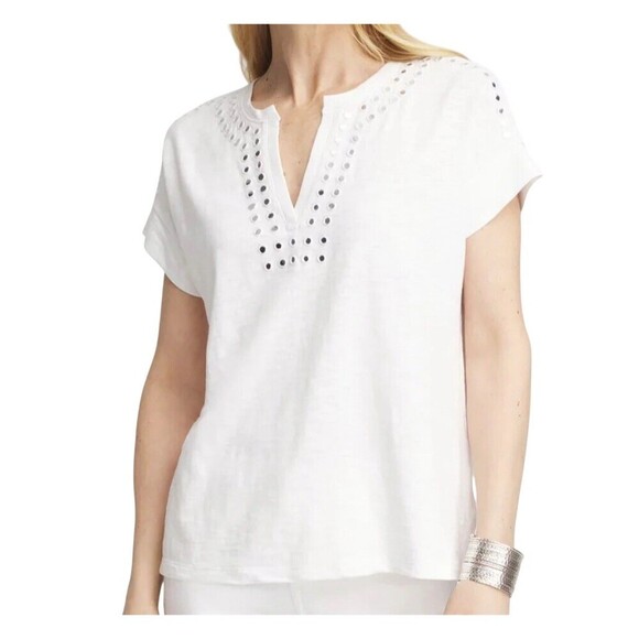 Chico's Tops - Chico's Women’s White Slub Knit Split V-Neck Tee M Summer Spring Coastal